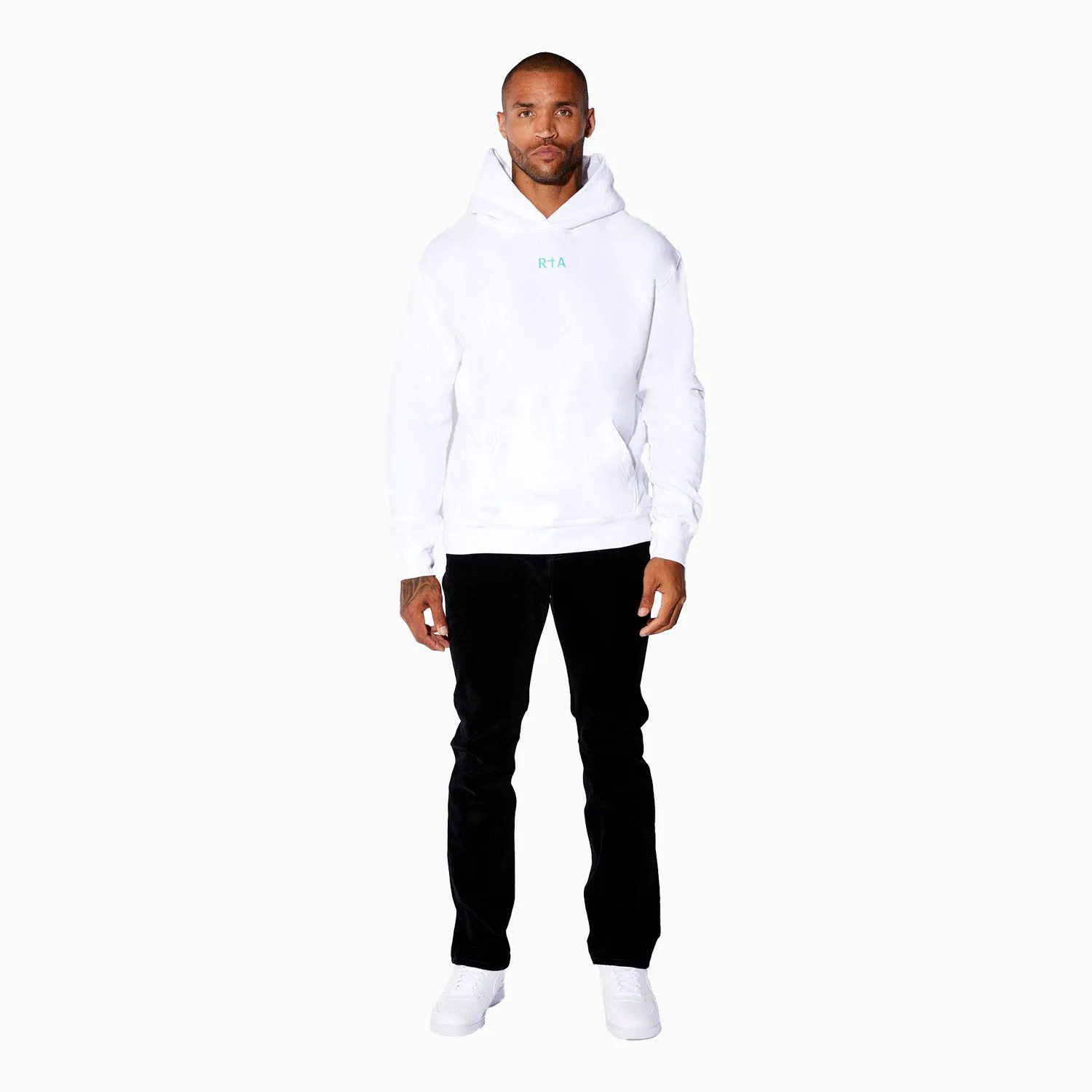 Men's  Fleece White Blue Front Small Logo Pull Over Hoodie