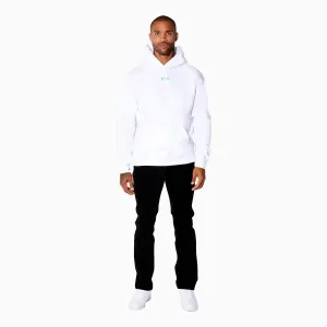 Men's  Fleece White Blue Front Small Logo Pull Over Hoodie