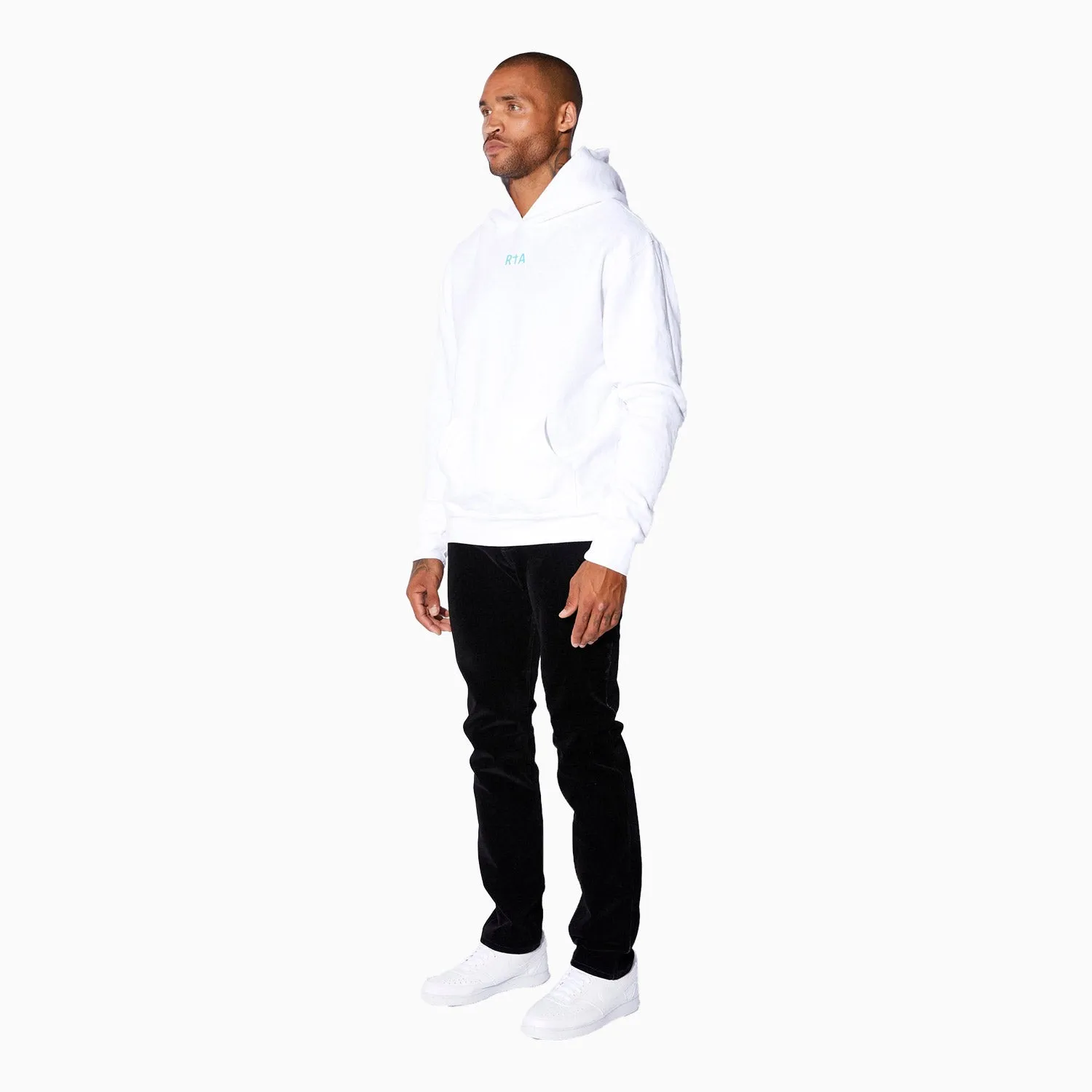 Men's  Fleece White Blue Front Small Logo Pull Over Hoodie