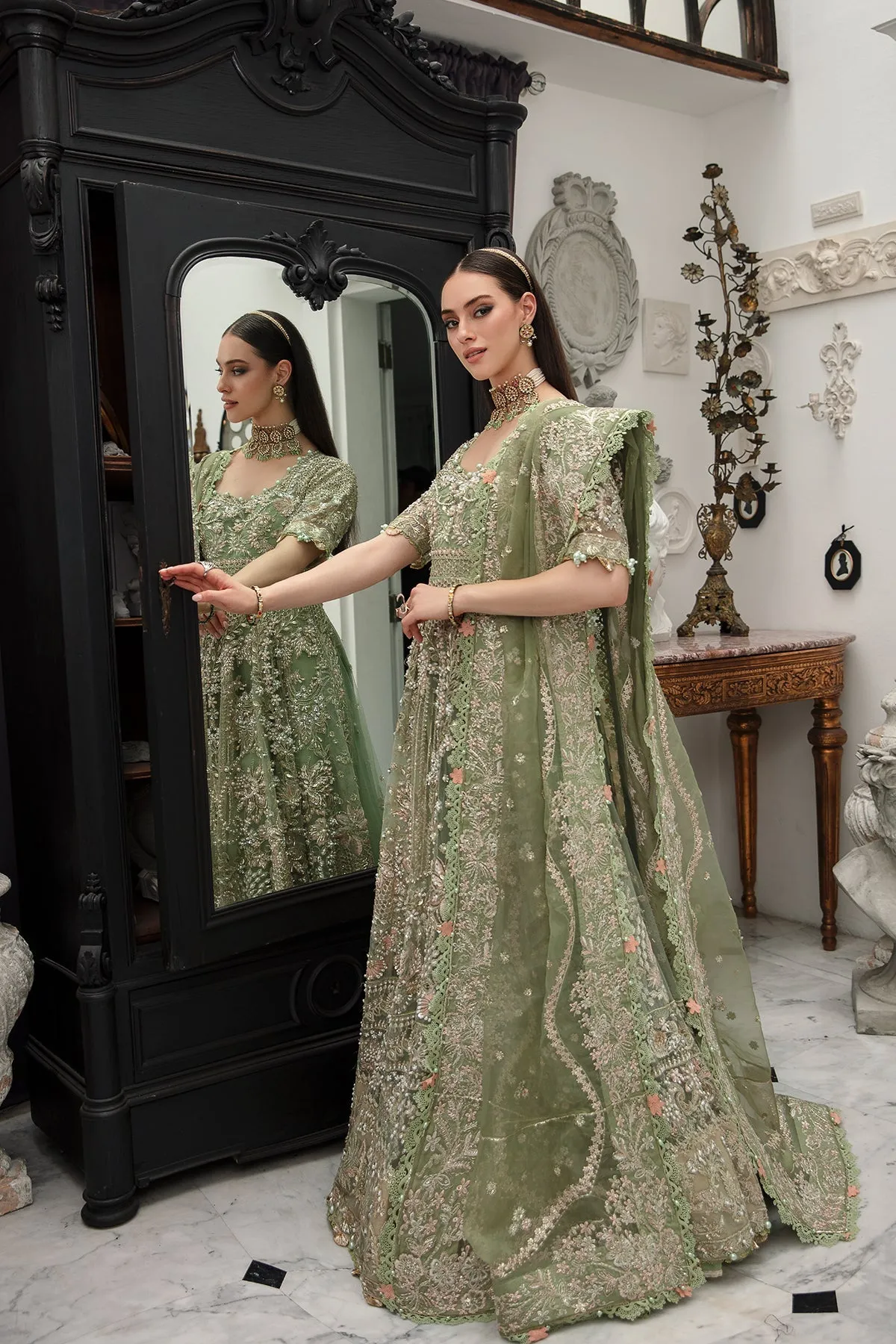 Mint Green Heavily Embellished Pakistani Wedding Dress in Pishwas Style