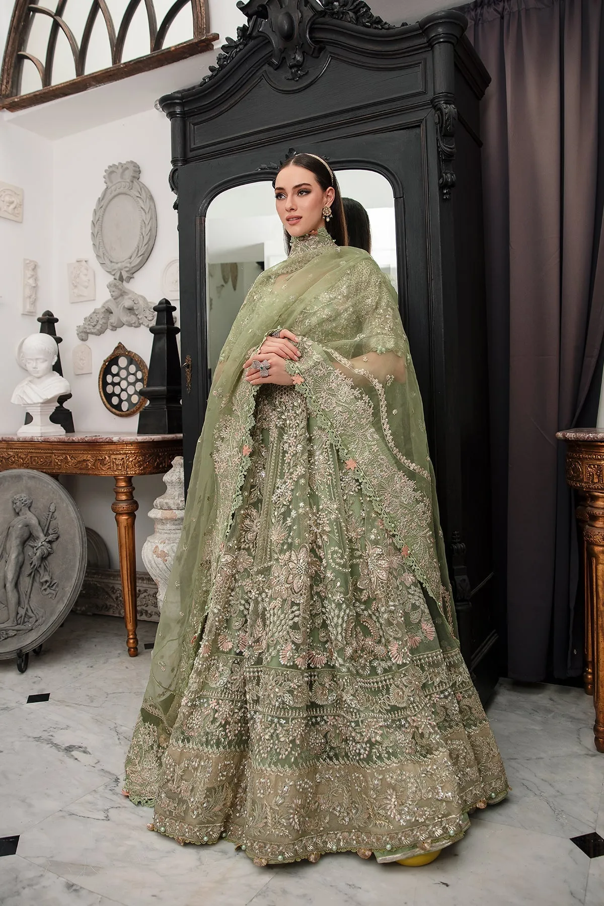 Mint Green Heavily Embellished Pakistani Wedding Dress in Pishwas Style