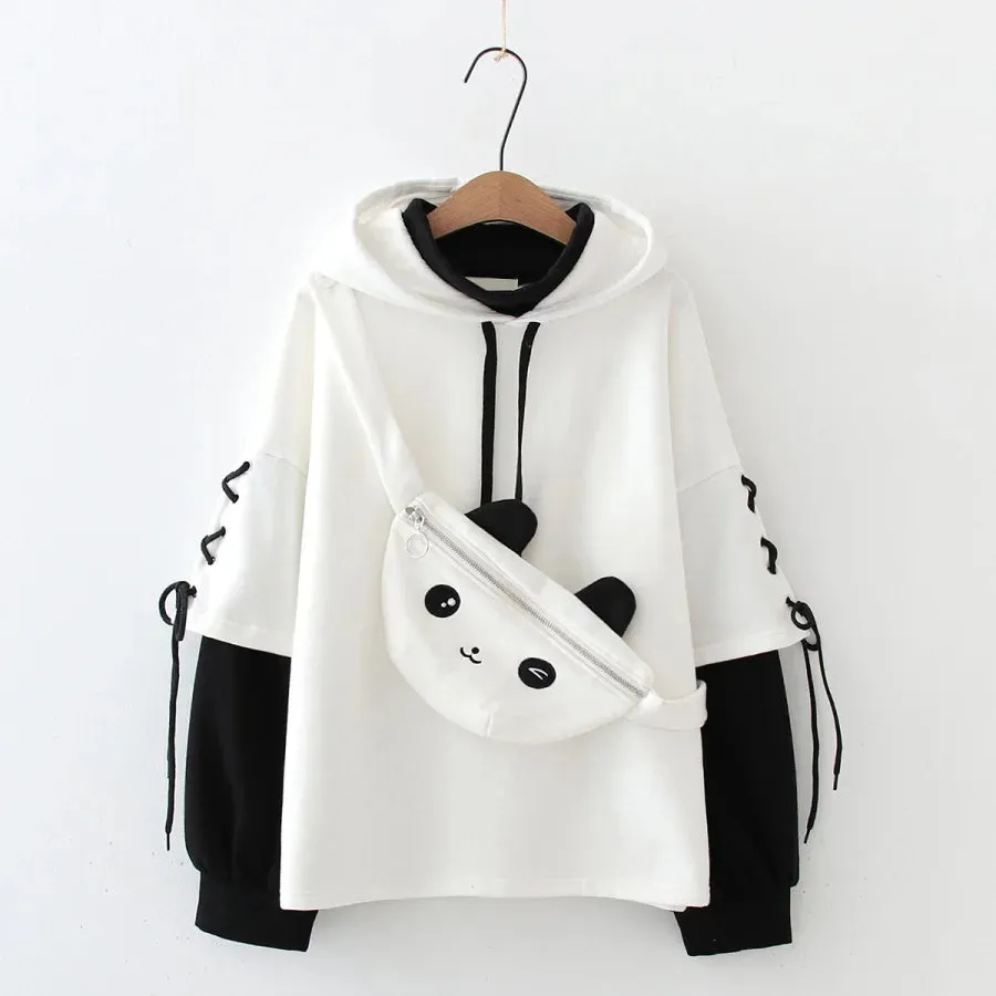 New Student Teen Side Lace Up Fake Two-piece Cartoon Panda Hoodies J40739