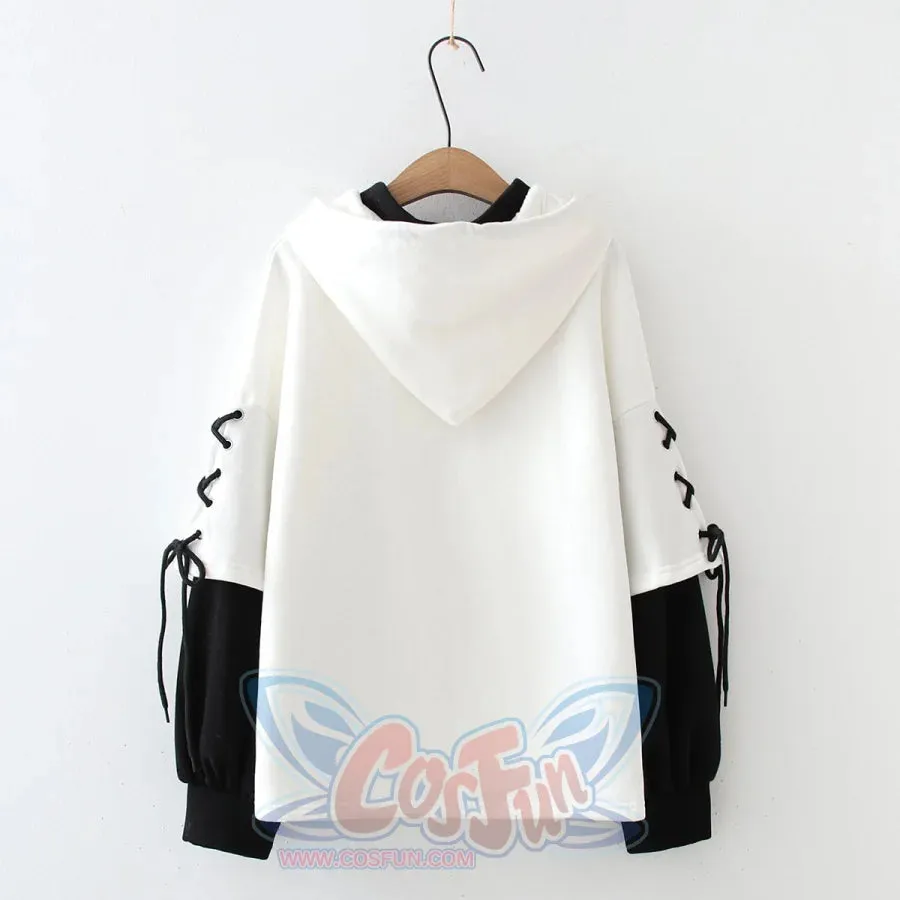 New Student Teen Side Lace Up Fake Two-piece Cartoon Panda Hoodies J40739