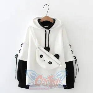 New Student Teen Side Lace Up Fake Two-piece Cartoon Panda Hoodies J40739