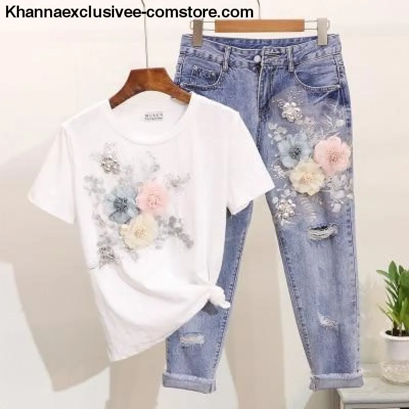 New Women's Embroidery 3D Flower O-neck Short Sleeve T shirt   Half Pant 2 piece Set