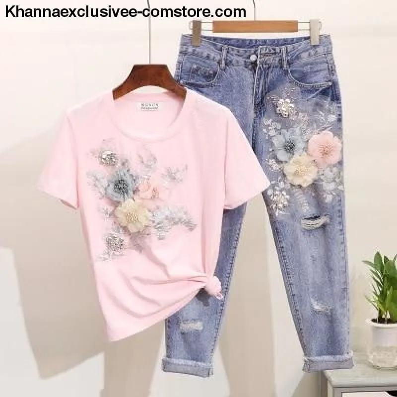 New Women's Embroidery 3D Flower O-neck Short Sleeve T shirt   Half Pant 2 piece Set