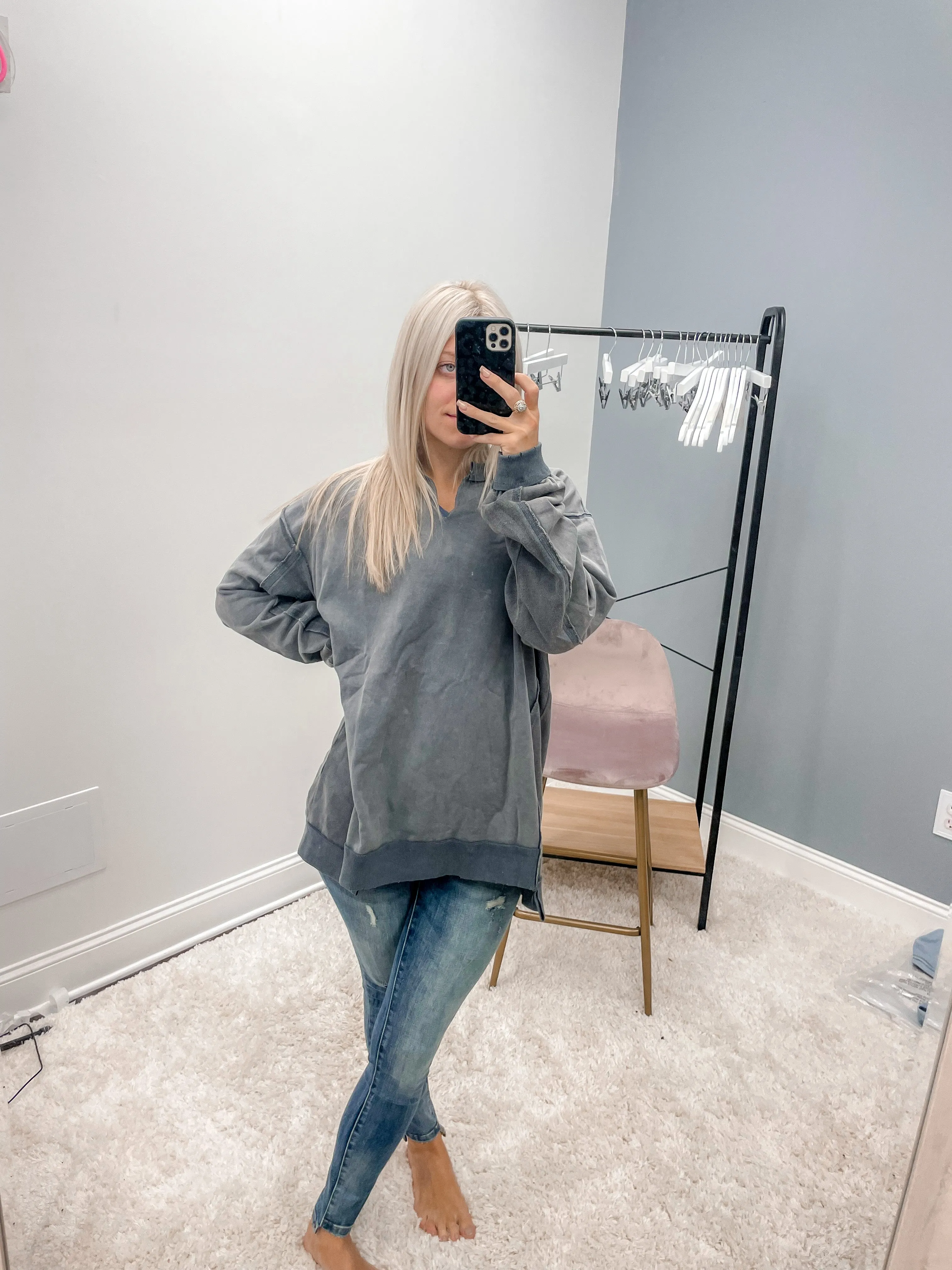 Notch Neck Knit Top-Navy
