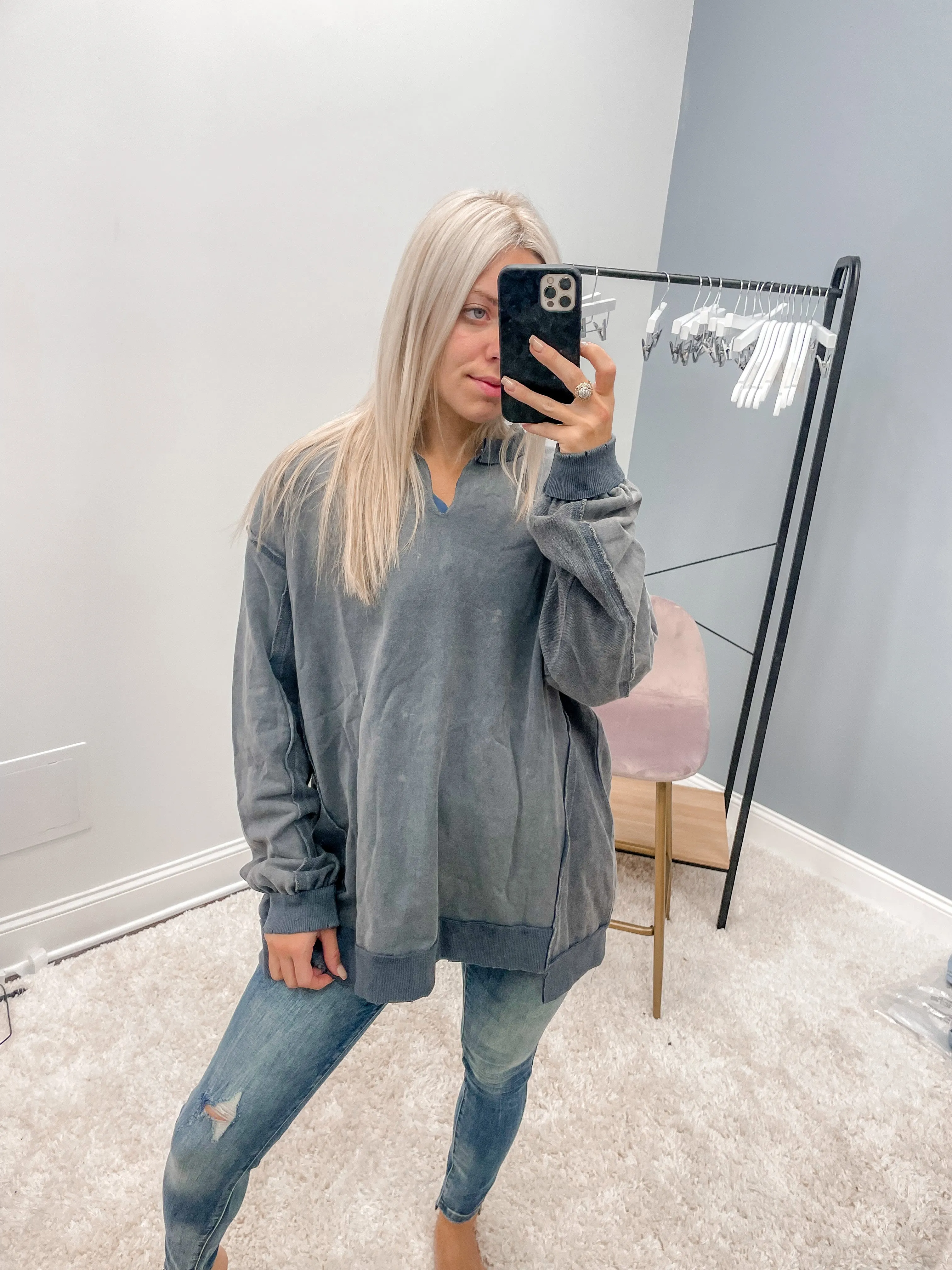Notch Neck Knit Top-Navy