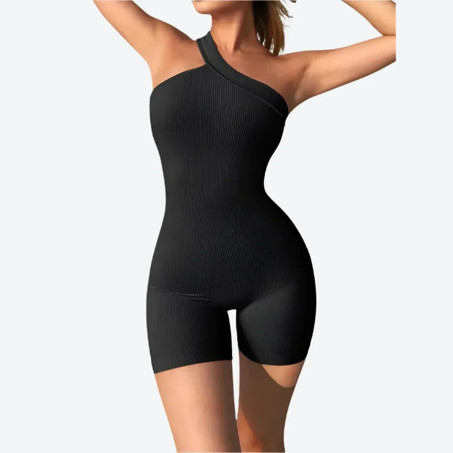 One-Shoulder Ribbed Casual Romper Jumpsuits