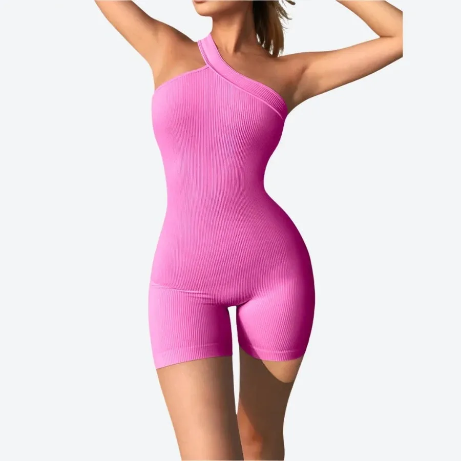 One-Shoulder Ribbed Casual Romper Jumpsuits