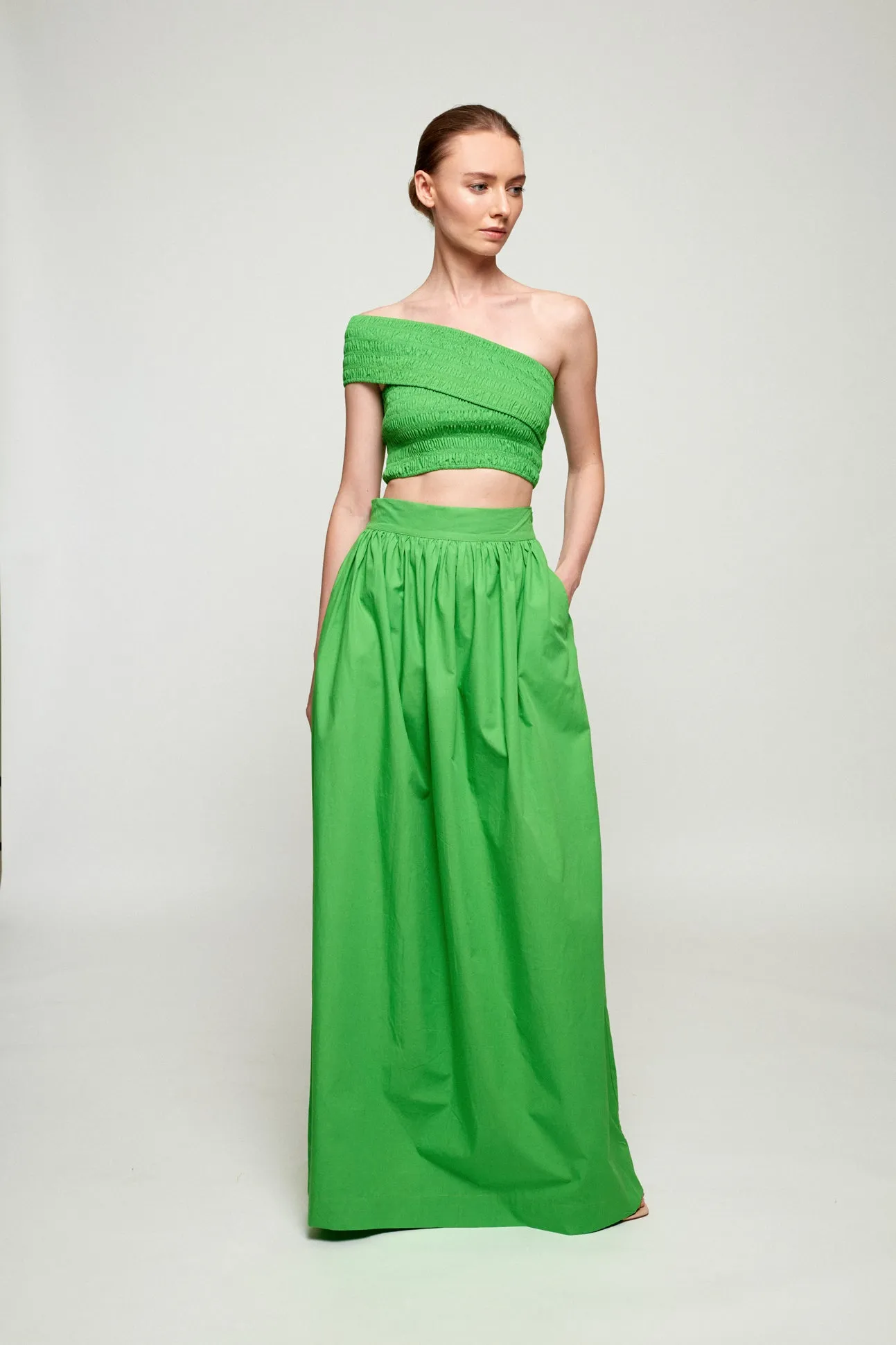 One Shoulder Shirred Top | Maxi Skirt
