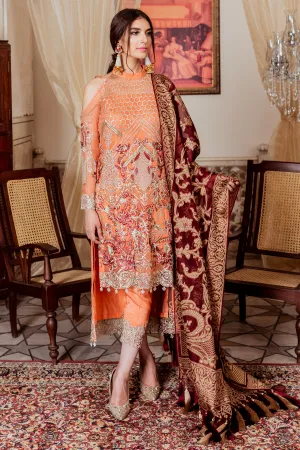 Pakistani chiffon embellished party outfit in lavish peach color # P2450