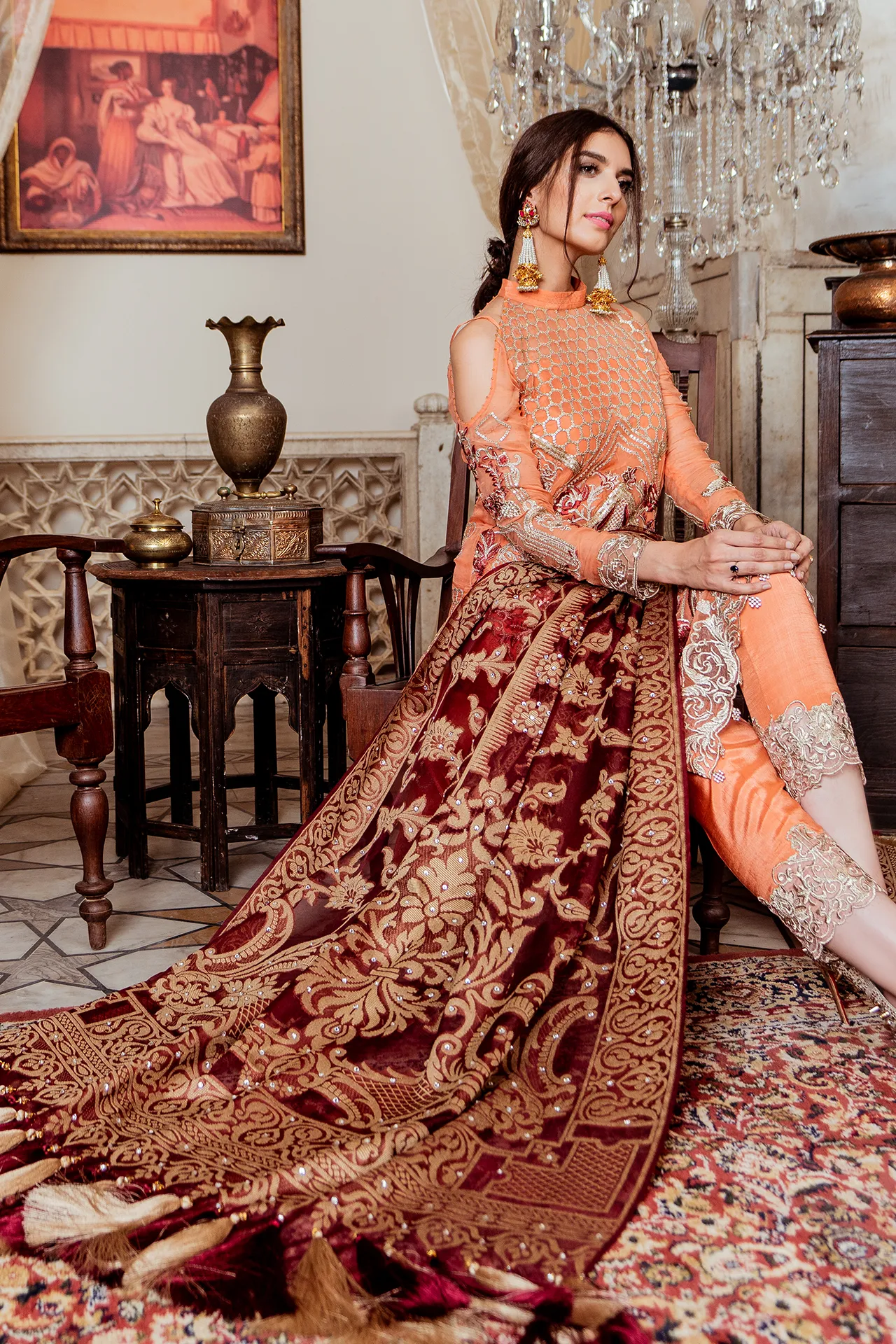 Pakistani chiffon embellished party outfit in lavish peach color # P2450