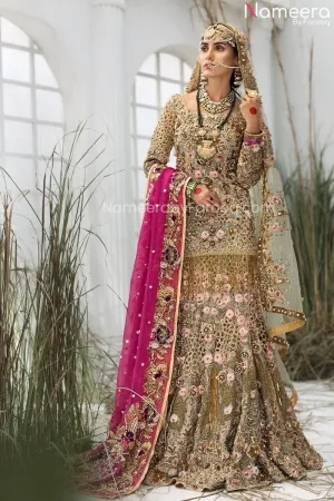 Pakistani Designer Pink and Golden Lehenga Shirt #BN887