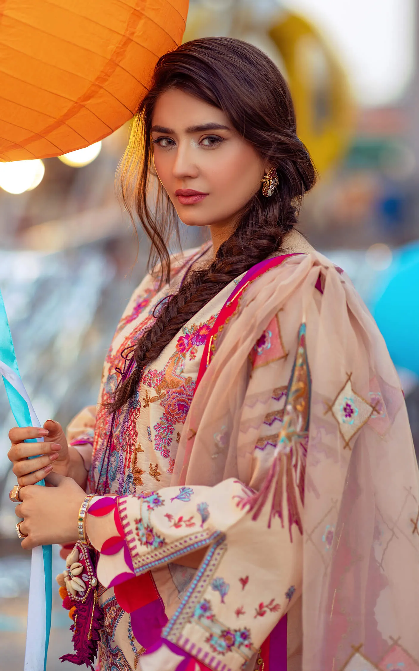 Pakistani Eid Dresses in Printed Peach Salwar Kameez