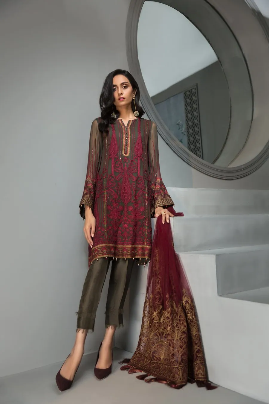 Pakistani Maroon Chiffon Designer Dress #J4354