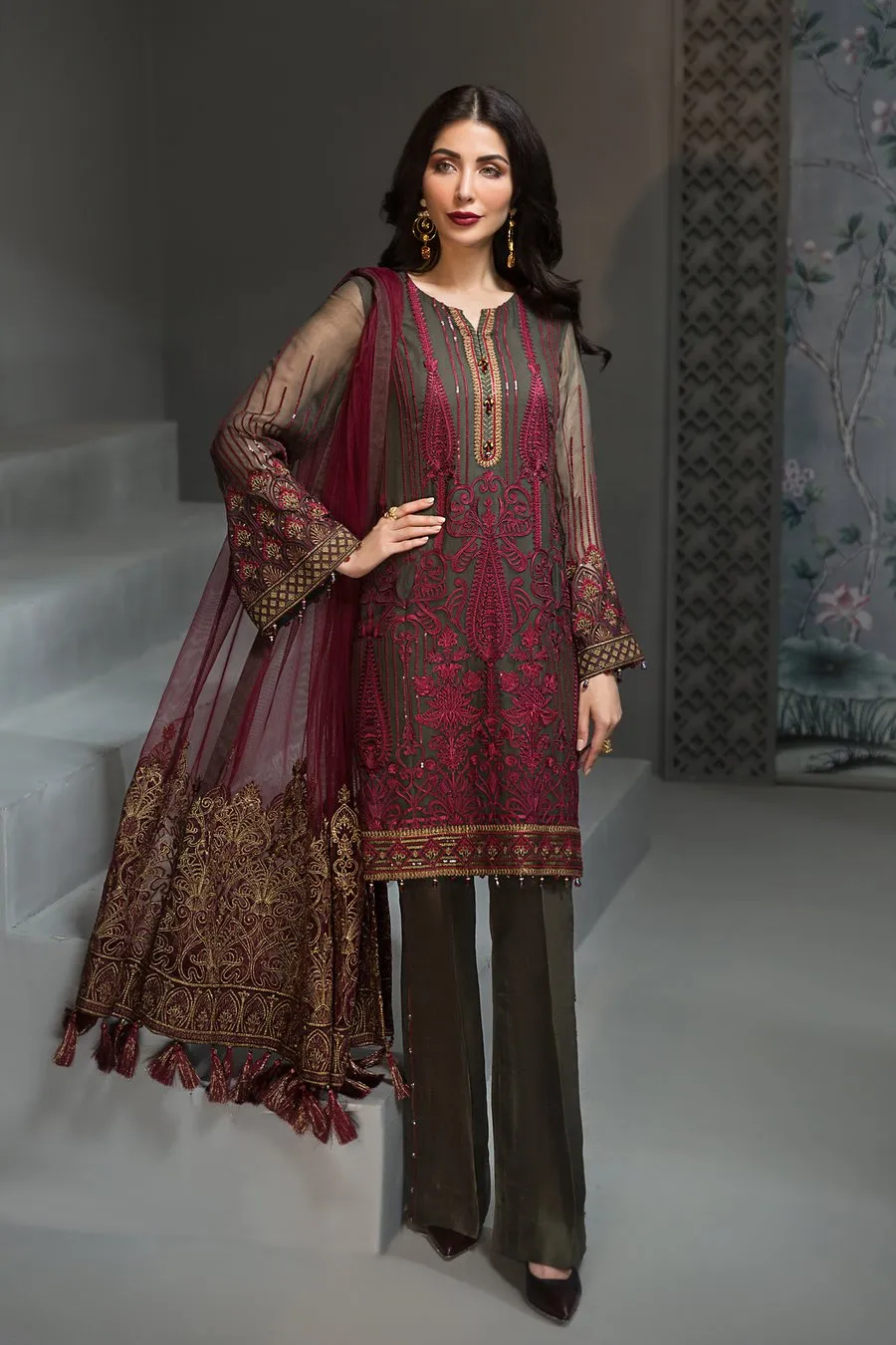 Pakistani Maroon Chiffon Designer Dress #J4354