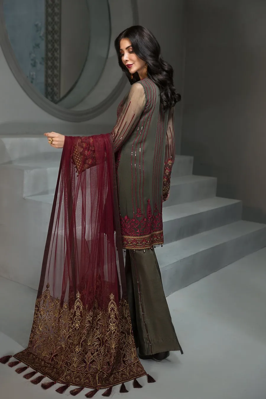 Pakistani Maroon Chiffon Designer Dress #J4354