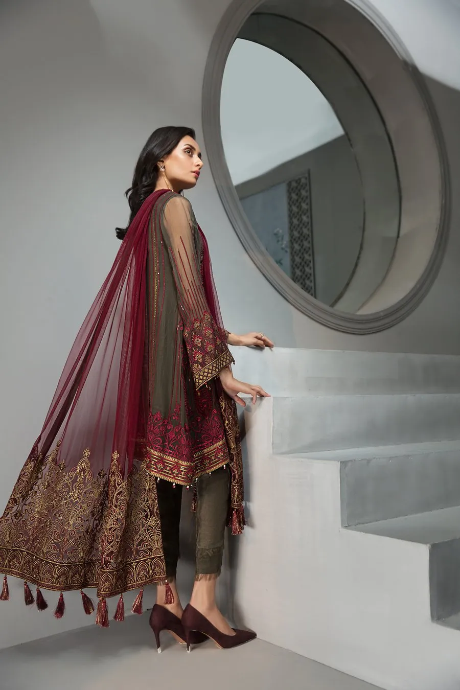 Pakistani Maroon Chiffon Designer Dress #J4354