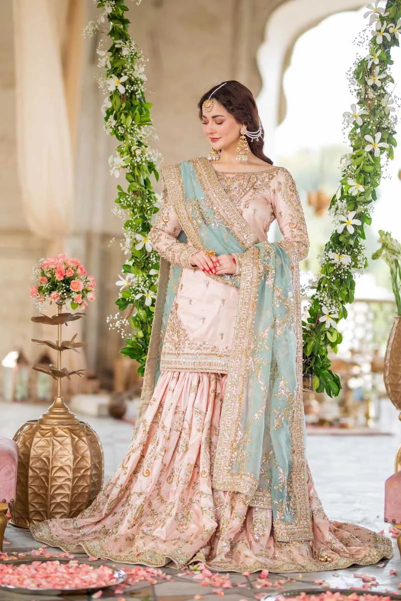 Peach Pink Sharara Shirt Bridal Pakistani Wedding Dresses