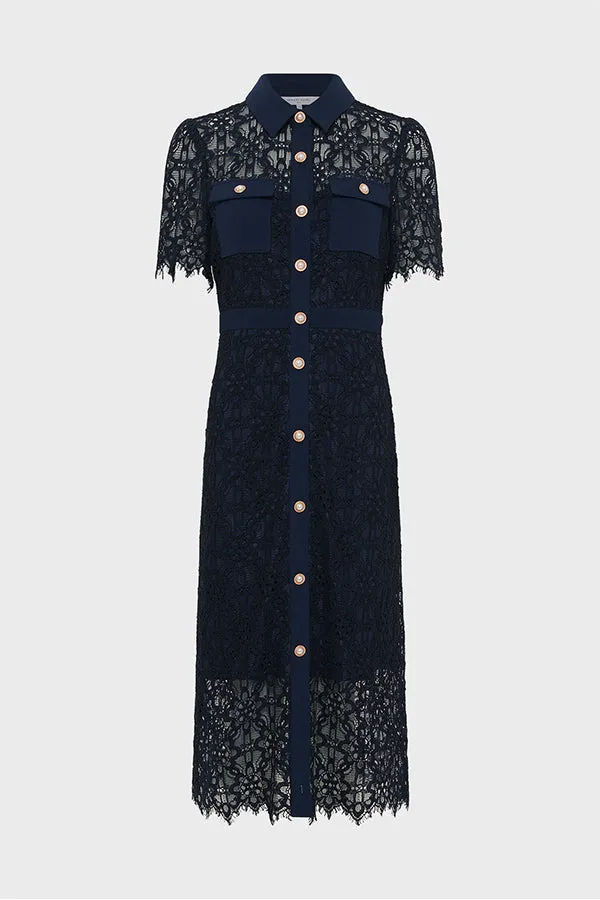 PERLE NAVY WAISTED MIDI LACE DRESS