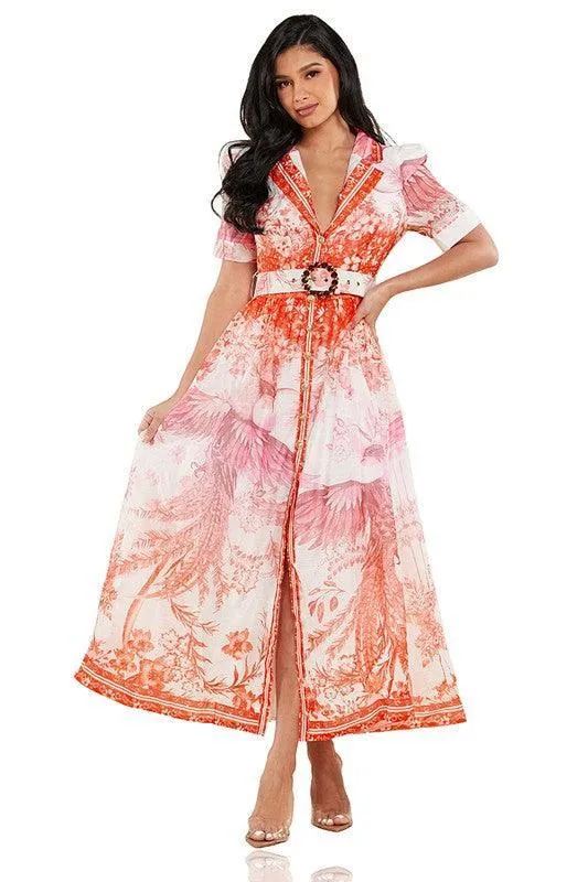 PINK BIRD CHIFFON MAXI DRESS