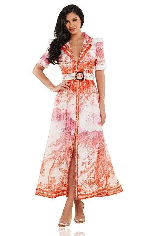 PINK BIRD CHIFFON MAXI DRESS