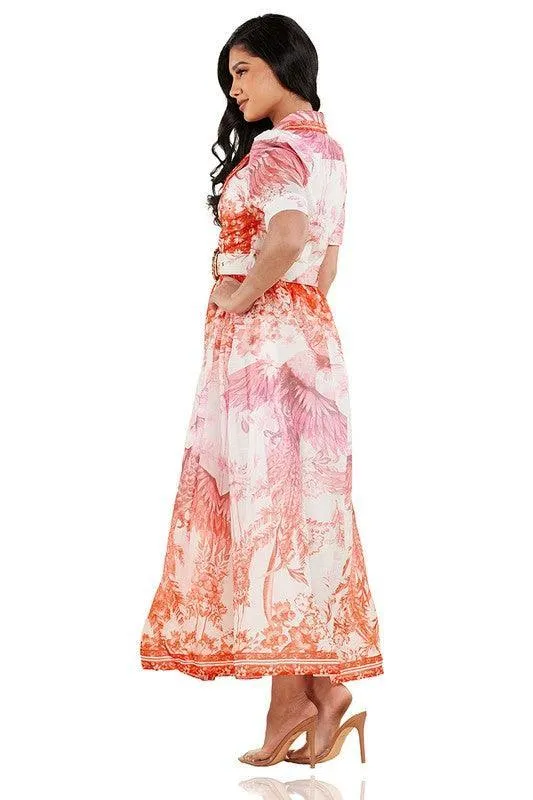 PINK BIRD CHIFFON MAXI DRESS