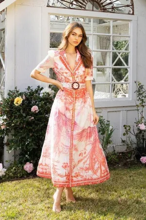 PINK BIRD CHIFFON MAXI DRESS