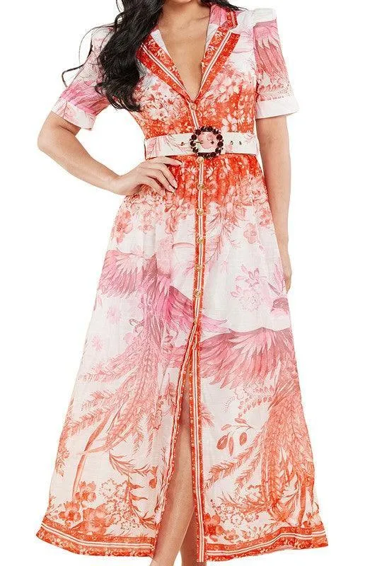 PINK BIRD CHIFFON MAXI DRESS