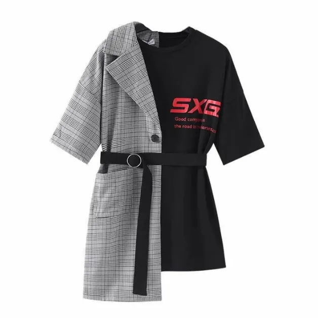 Plaid suit T-shirt fake two-piece dress yc22790