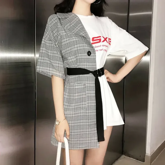 Plaid suit T-shirt fake two-piece dress yc22790
