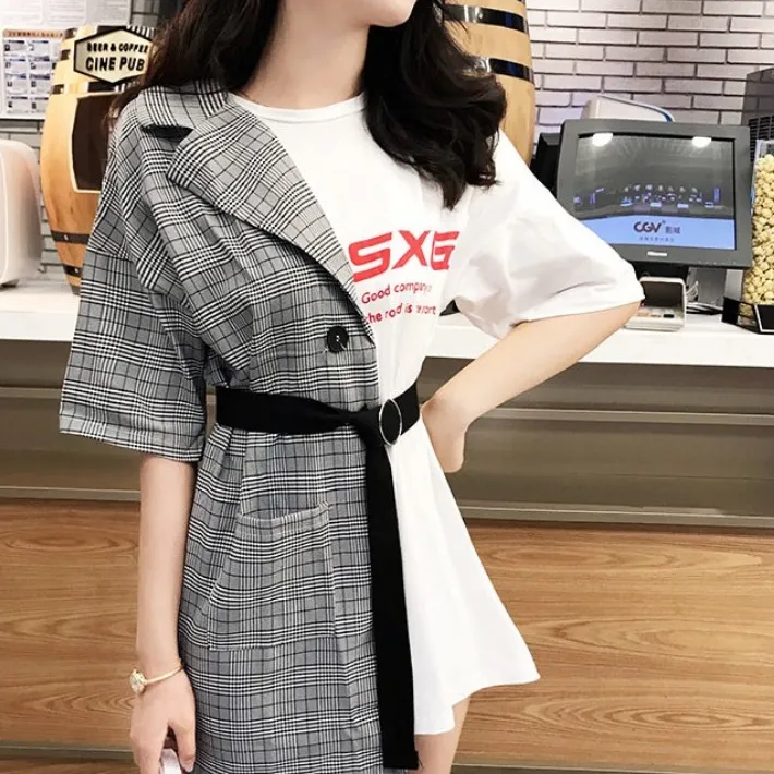 Plaid suit T-shirt fake two-piece dress yc22790