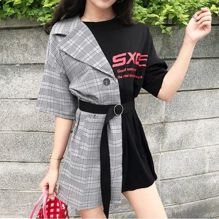 Plaid suit T-shirt fake two-piece dress yc22790
