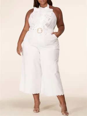 PLUS SIZE SLEEVELESS RUFFLE OPEN BACK JUMPSUIT