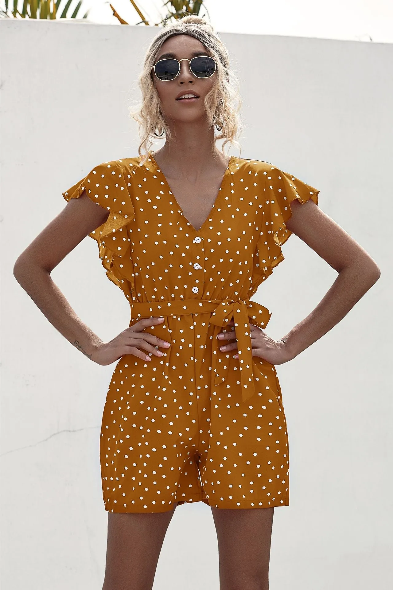 Polka Dot Lace-up Jumpsuit Lotus Sleeve Single-breasted Drawstring Rompers