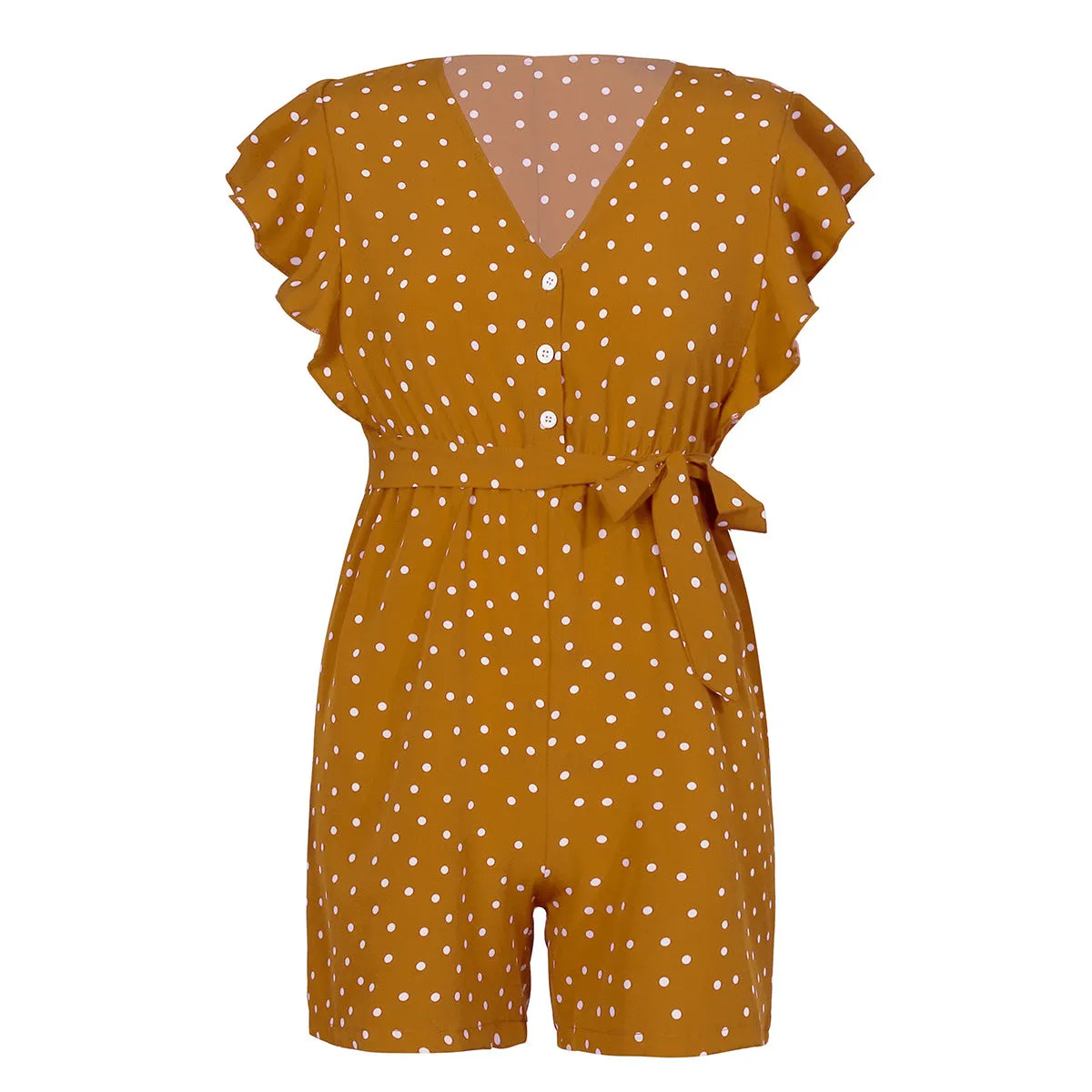 Polka Dot Lace-up Jumpsuit Lotus Sleeve Single-breasted Drawstring Rompers