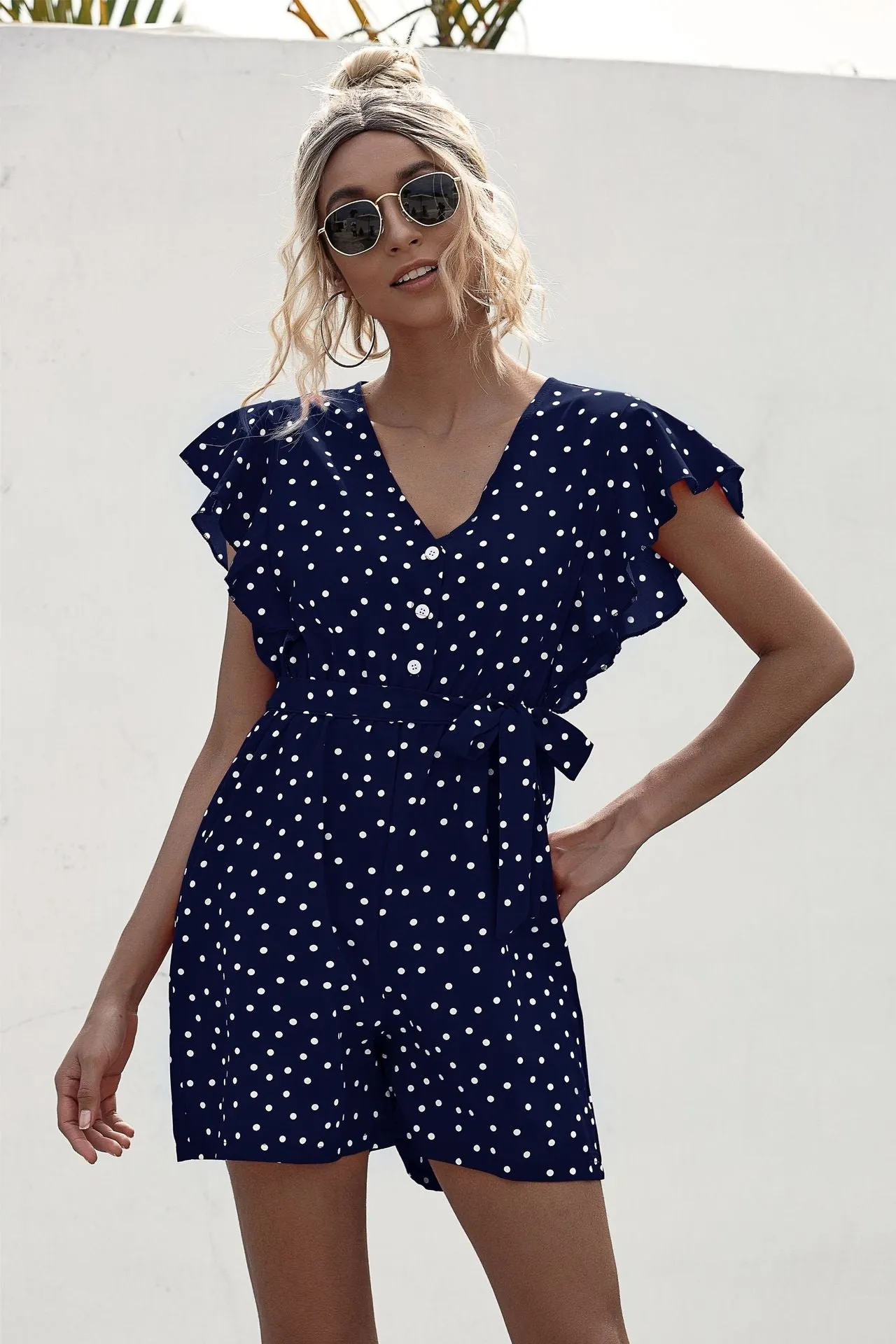 Polka Dot Lace-up Jumpsuit Lotus Sleeve Single-breasted Drawstring Rompers