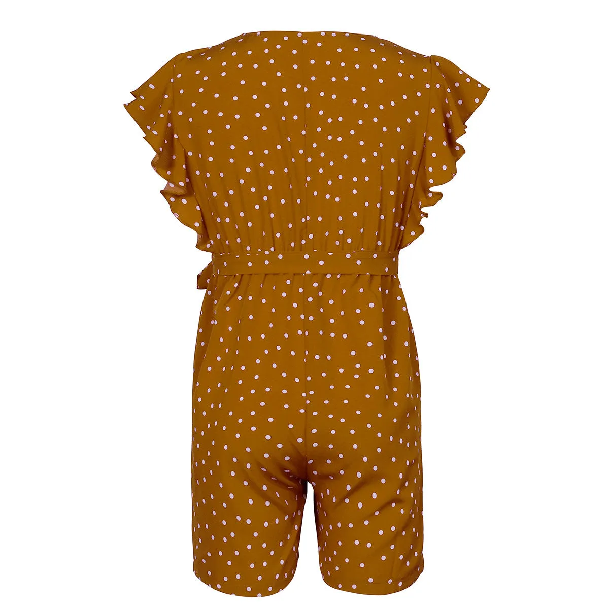 Polka Dot Lace-up Jumpsuit Lotus Sleeve Single-breasted Drawstring Rompers
