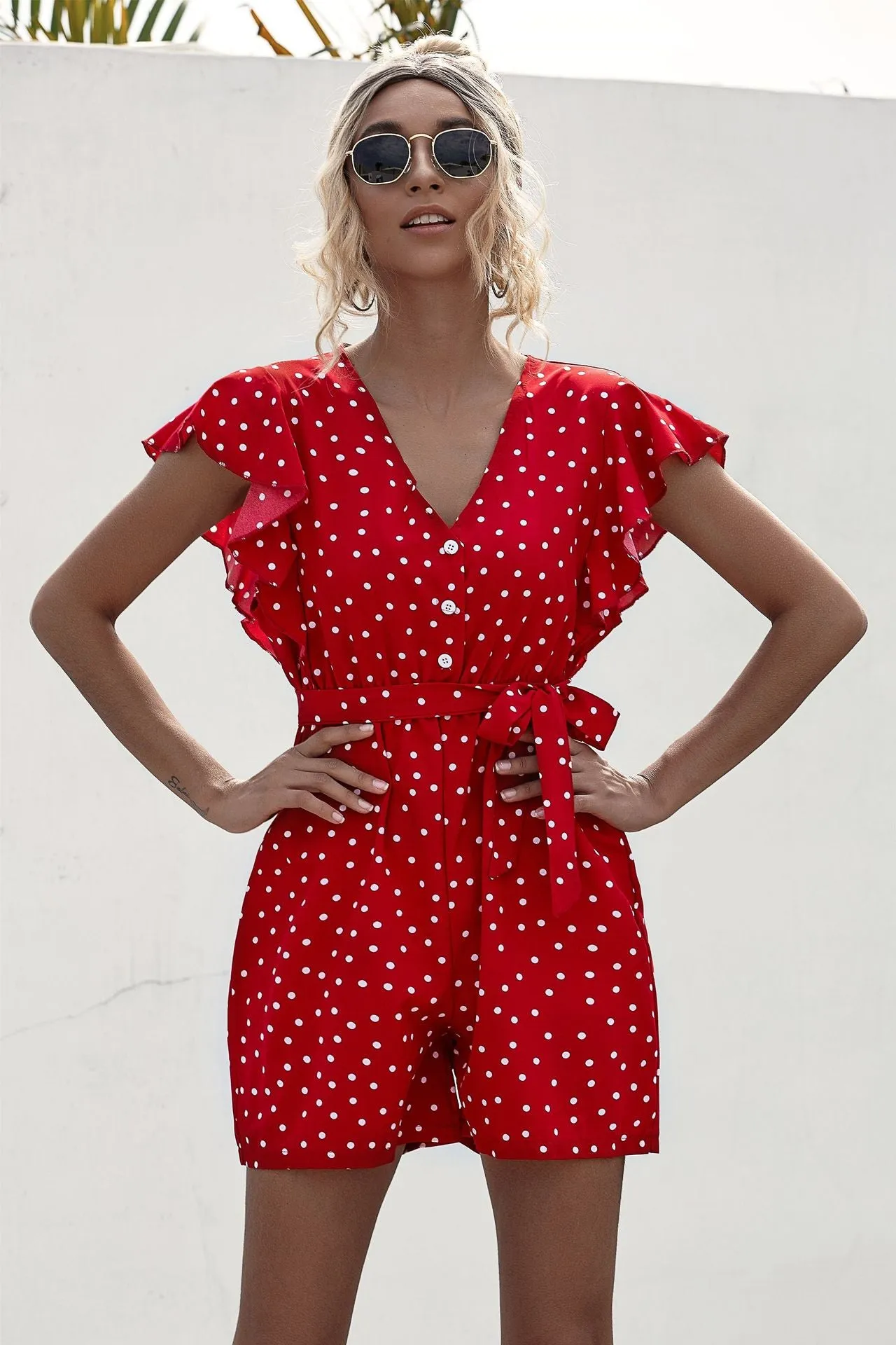 Polka Dot Lace-up Jumpsuit Lotus Sleeve Single-breasted Drawstring Rompers