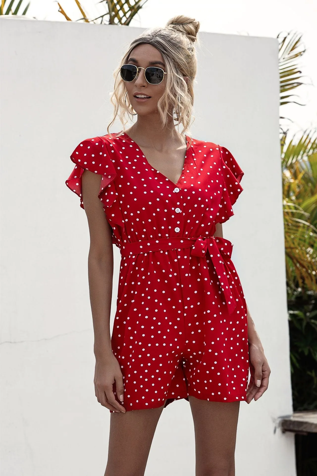 Polka Dot Lace-up Jumpsuit Lotus Sleeve Single-breasted Drawstring Rompers