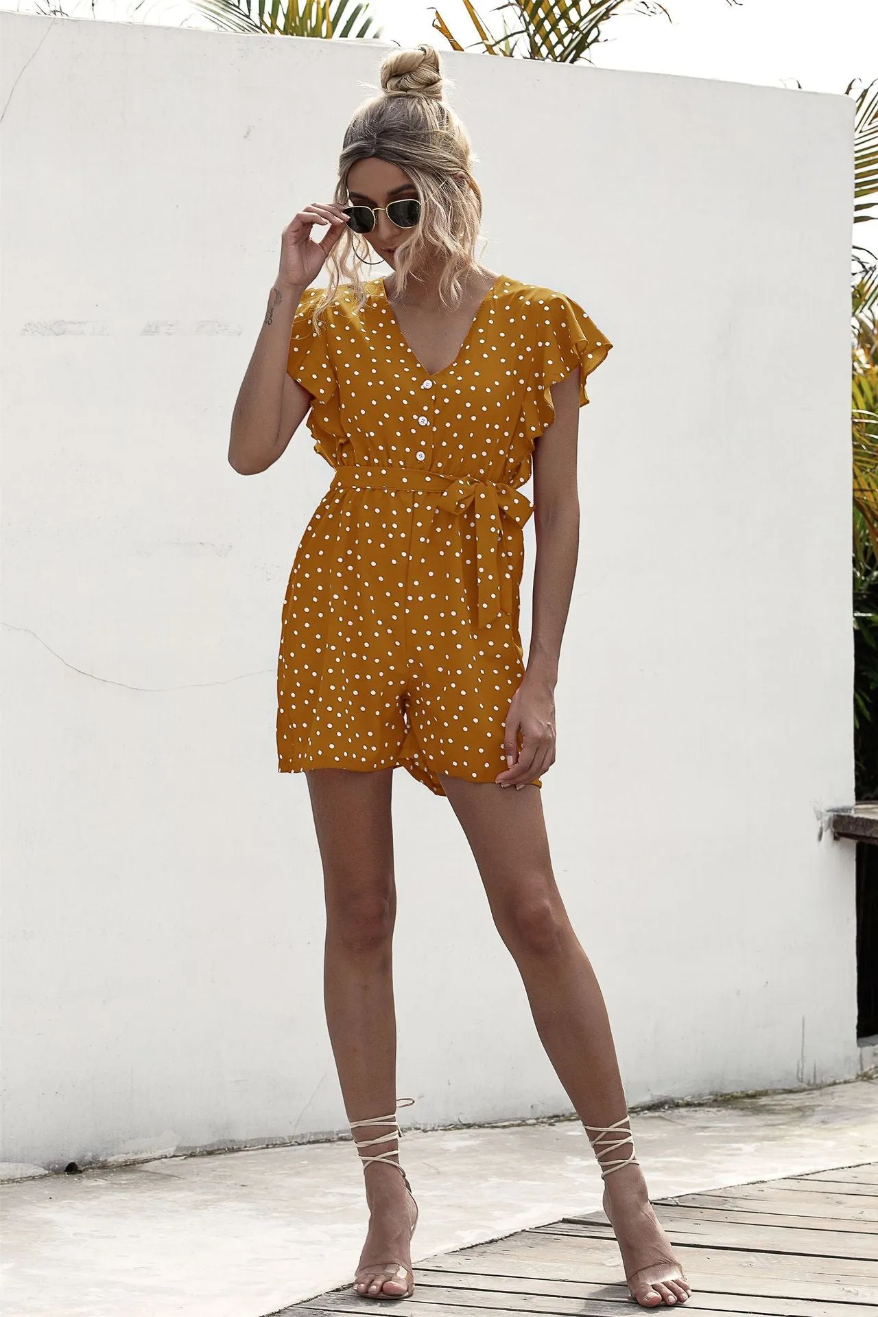 Polka Dot Lace-up Jumpsuit Lotus Sleeve Single-breasted Drawstring Rompers