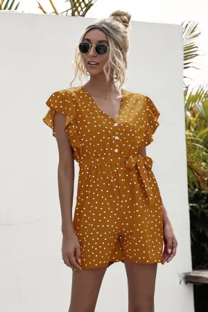 Polka Dot Lace-up Jumpsuit Lotus Sleeve Single-breasted Drawstring Rompers