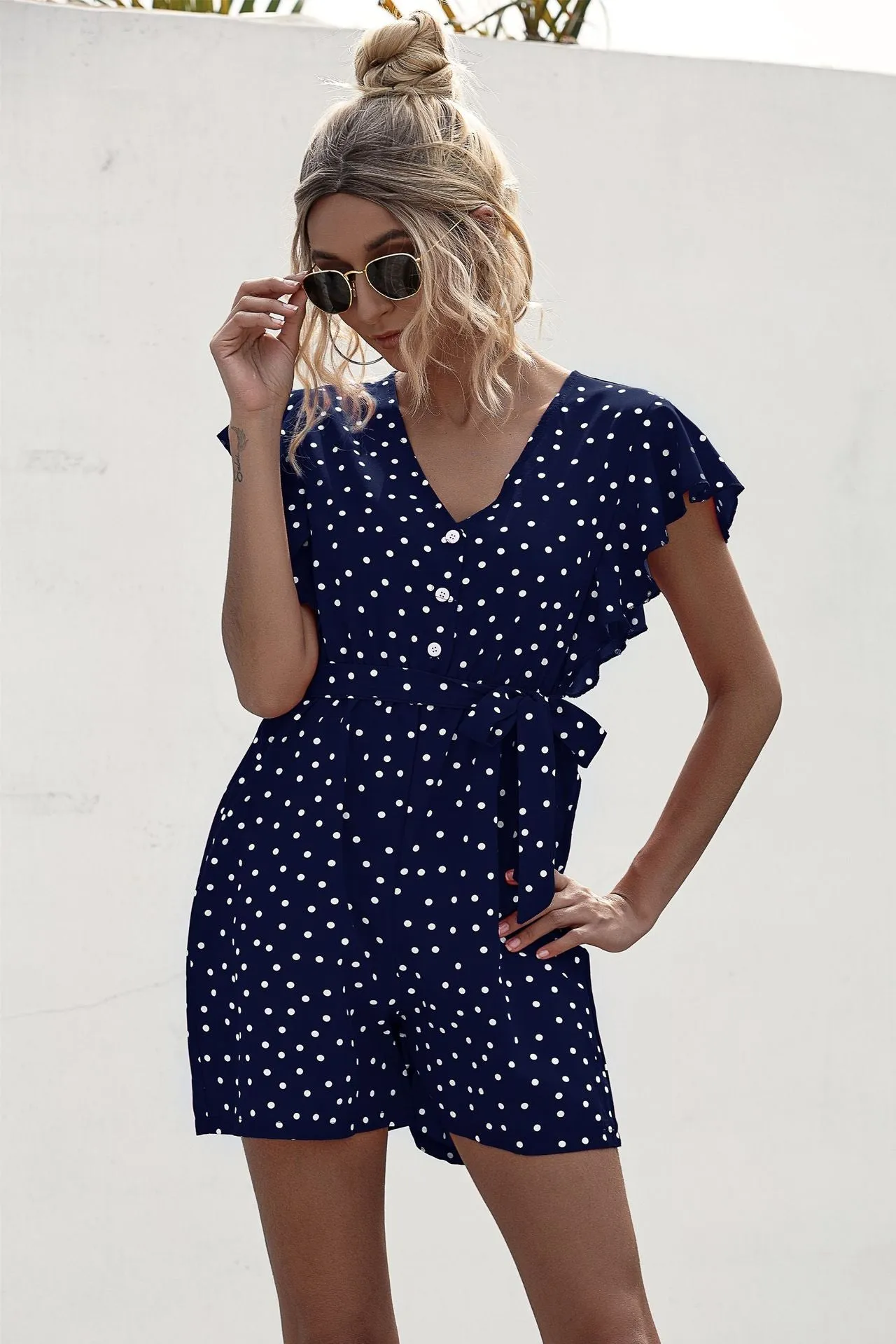 Polka Dot Lace-up Jumpsuit Lotus Sleeve Single-breasted Drawstring Rompers