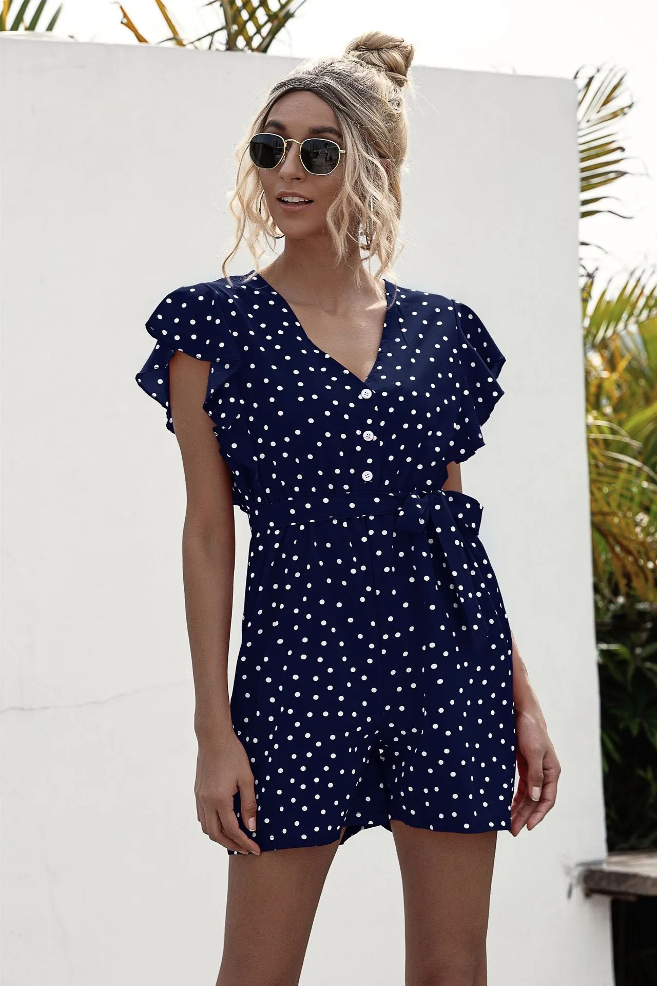 Polka Dot Lace-up Jumpsuit Lotus Sleeve Single-breasted Drawstring Rompers