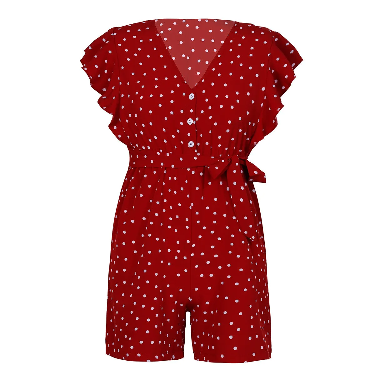 Polka Dot Lace-up Jumpsuit Lotus Sleeve Single-breasted Drawstring Rompers