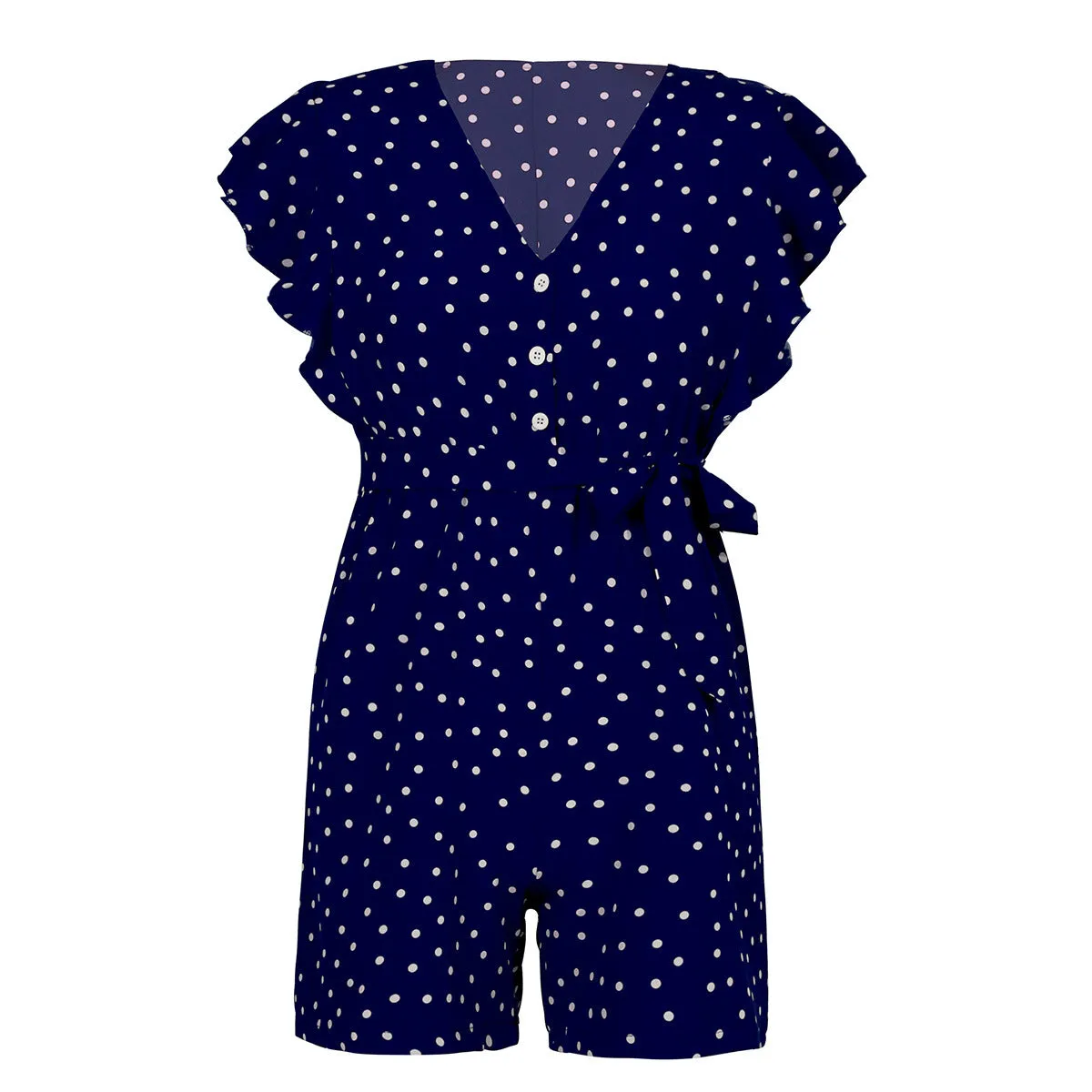 Polka Dot Lace-up Jumpsuit Lotus Sleeve Single-breasted Drawstring Rompers