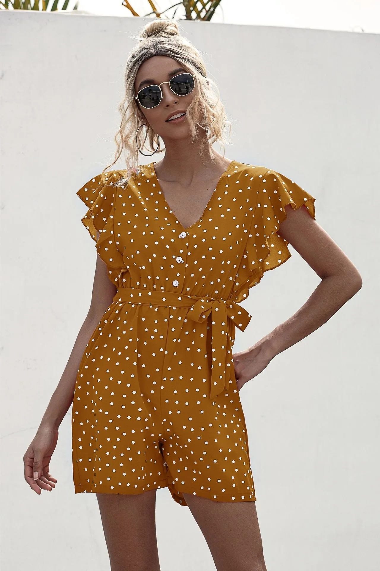 Polka Dot Lace-up Jumpsuit Lotus Sleeve Single-breasted Drawstring Rompers