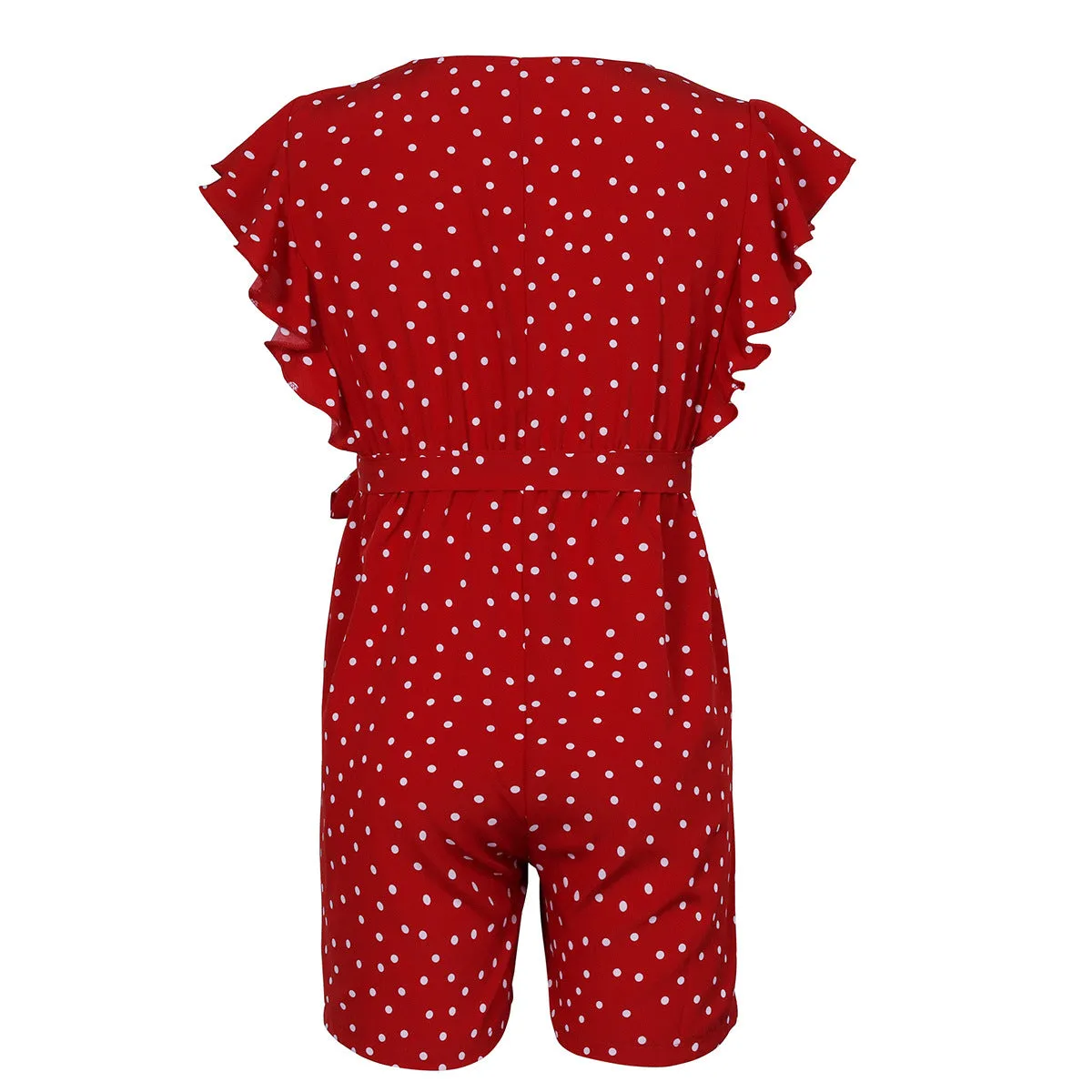 Polka Dot Lace-up Jumpsuit Lotus Sleeve Single-breasted Drawstring Rompers