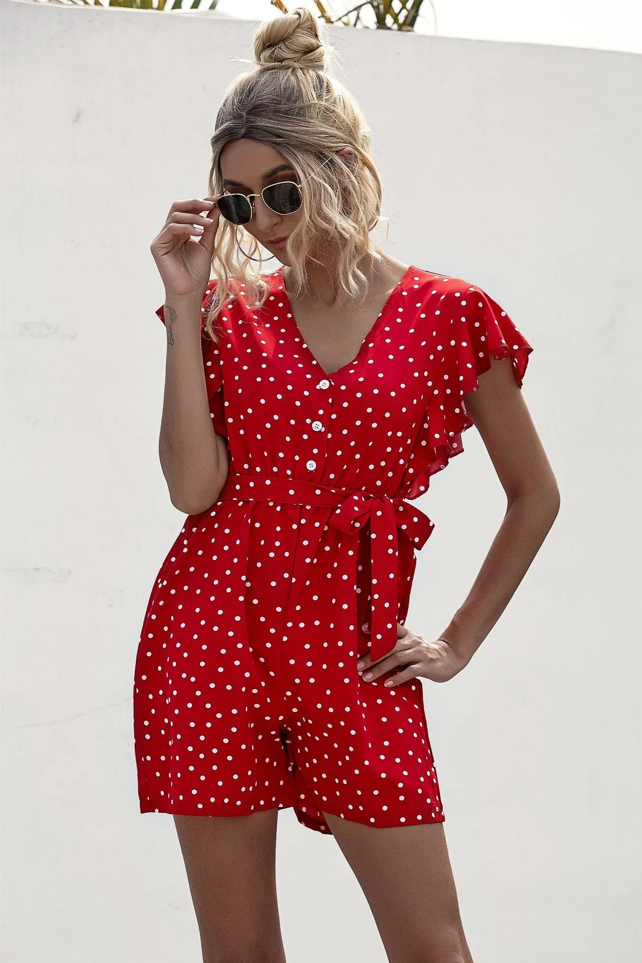 Polka Dot Lace-up Jumpsuit Lotus Sleeve Single-breasted Drawstring Rompers